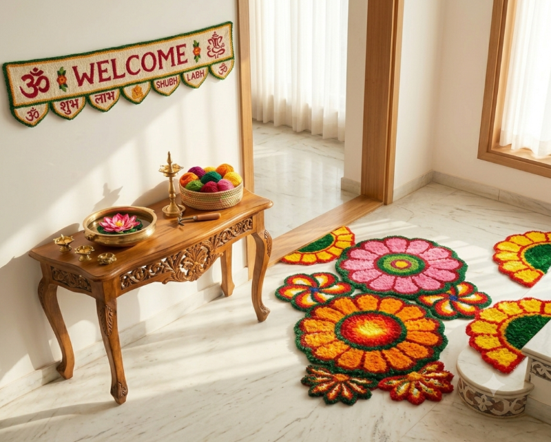 A styled interior scene showing colorful floral and geometric floor mats/rugs in a bright room with a wooden console table, decorative bowl, and a hanging 'WELCOME' banner on the wall.